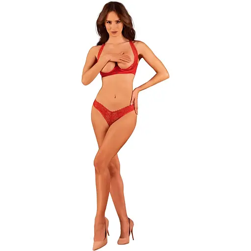 Комплект белья Obsessive Lacelove cupless 2-pcs set XS/S Red, открытый доступ, открытая грудь