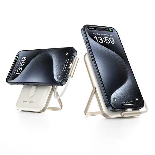 Повербанк 10000mAh Choetech B735 White QC3.0 PD3.0 бездротова магнітна зарядка, вбудований кабель, підставка (43-00150) - фото 4