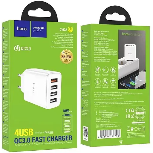 Настінний зарядний пристрій Hoco C102A 4USB 28.5W 18W QC AFC FCP / 3xUSB 5V 2.1A - фото 2
