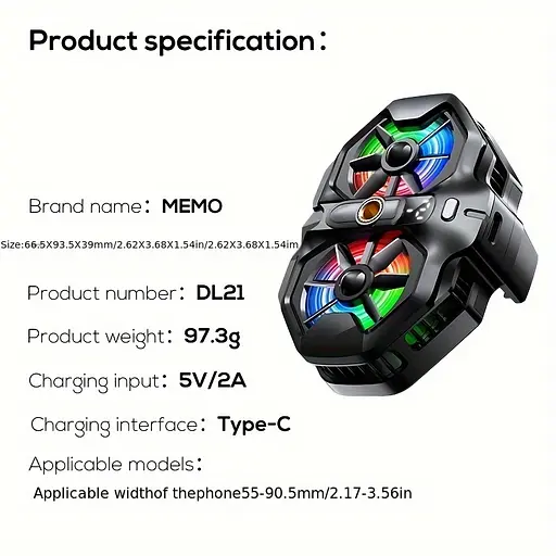 Кулер з екраном активне охолодження для телефону / планшета Memo DL21 шириною до 90,5 мм Black (18507) - фото 7