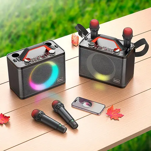 Портативна акустика Hoco BS57 Jenny Dual Mic Wireless Karaoke караоке система 2 мікрофони чорна - фото 7