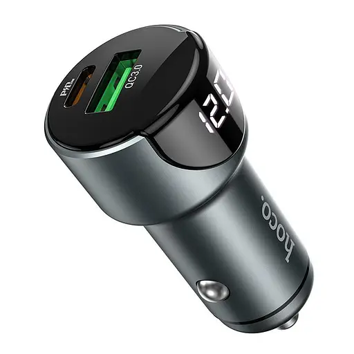 Автомобільний зарядний пристрій Hoco Z42 Light road dual port digital display PD20W + QC3.0 car charger Темно-сірий - фото 1