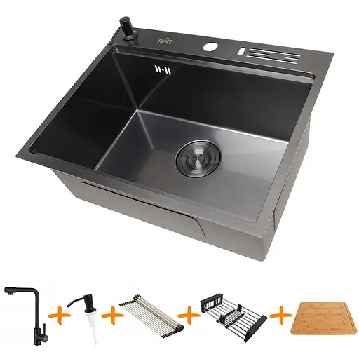 Комплект чорної мийки та змішувач з нержавіючої сталі NB-5747, Чорний - фото 1