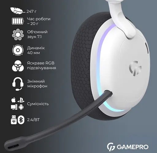 Ігрові бездротові навушники GamePro HSW-250 7.1 Bragi Asgard RGB Tri-Mod White - фото 8