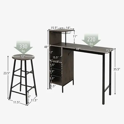 Барний стіл з стільцями Costway Bistro з тримачем винних келихів коричневий - фото 8