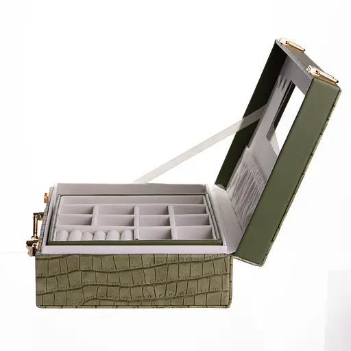 Скринька для прикрас з екошкіри 19 відділень із дзеркалом 23.5×14×8 см органайзер для прикрас Зелений Yiwu HP-5-20GR - фото 7