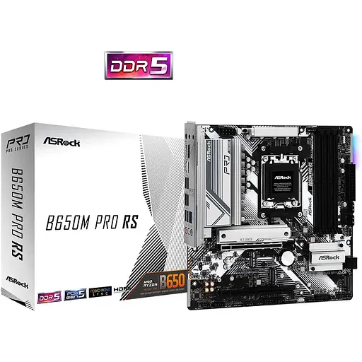 Материнская плата ASRock AM5 B650M Pro RS, B650, 4xDDR5, Int.Video (CPU), 4xSATA3, 2xM.2, 1xPCI-E 4.0 x16, 1xPCI-E 3.0 x16, ALC897, 1 9xUSB3.2/8xUSB2.0, HDMI/DP, CrossFire, MicroATX - фото 2