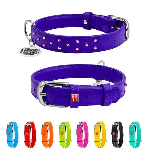 Ошейник для собак кожаный Waudog Glamour с QR-паспортом с клеевыми стразами Ш 20 мм Д 30-39 см фиолетовый - фото 2