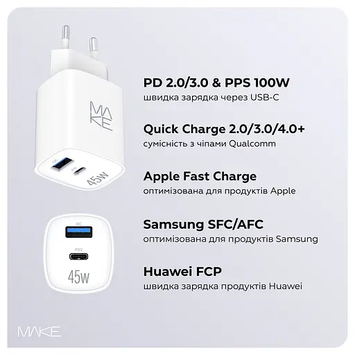 Зарядное устройство сетевое MAKE 45W GaN3 Mini Type-C PD + USB QC4.0 White - фото 2