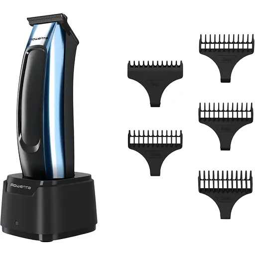 Триммер Rowenta Barber Experience, для головы, бороды, сеть+акум., роторный мотор, насадок-5, нержавеющая сталь с покрытием DLC, черно-синий
