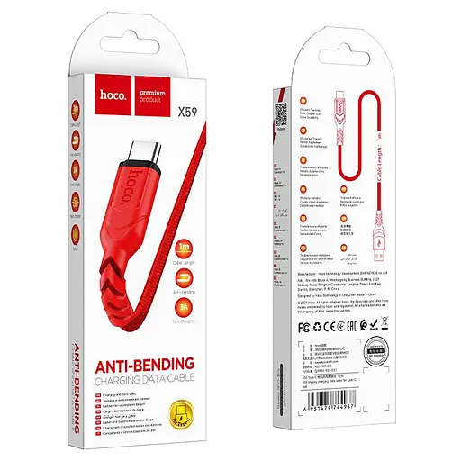 Кабель Hoco X59 USB to Type-C 3A 1 м nylon TPE connectors Красный - фото 2