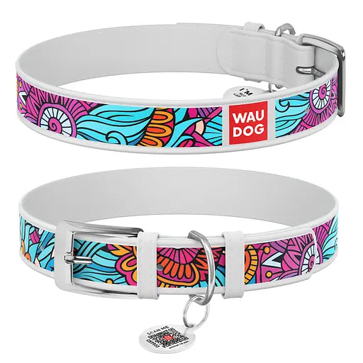Ошейник для собак кожаный Waudog Design с QR-паспортом "Лето" L Ш 25 мм Д 38-49 см белый
