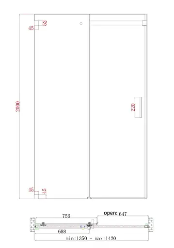 Двері в нішу Koer SR SD02-140x200-TR-01 прозоре скло Easy Clean 8 мм, хром KR5383, універсальні, прозорий, хром - фото 3