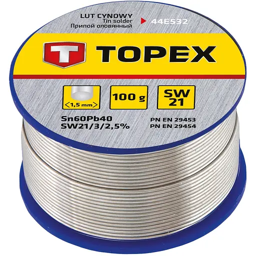 Припій олов'яний Topex Sn60Pb40 флюс SW21 дріт 1.5 мм 100 г (44E532)