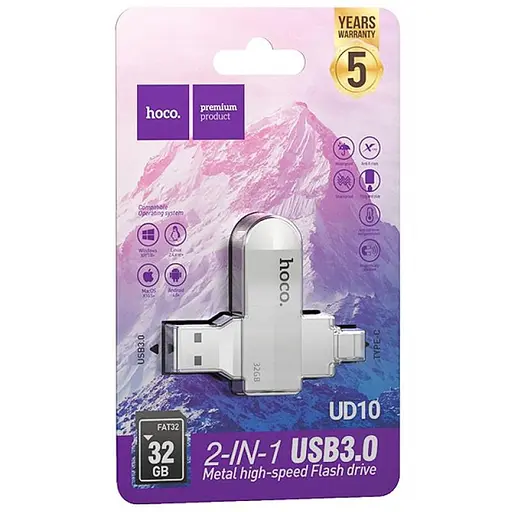 Флеш-накопичувач Hoco UD10 Metal Flash 2in1 USB 3.0/Type-C - 32GB Gray - фото 4