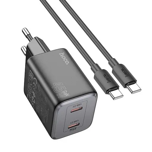Адаптер сетевой Hoco Elogiado dual-port charger N42 (Type-C to Type-C Set) |2Type-C, 45W/3A, PD/QC| - фото 1