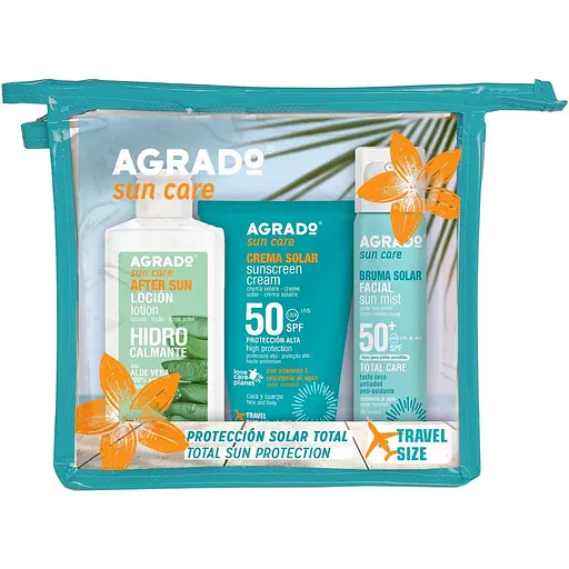 Набор Agrado Защита от солнца SPF 50: Лосьон после загара 100 мл + Солнцезащитный крем 100 мл + Мист для лица 75 мл - фото 1