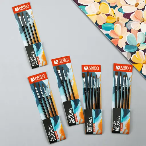 Набір пензлів №3 синтетика 4шт кругла (№1,3,4) плоска (№ 8) коротка ручка Arteo - фото 4