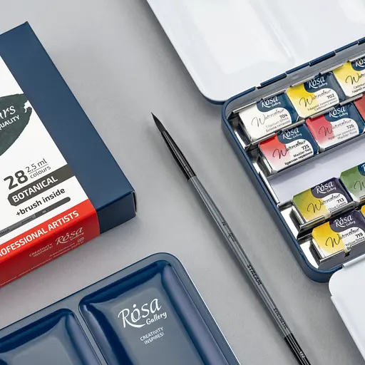 Набір акварельних фарб з пензлем BOTANICAL 28×2.5 мл кювета Індіго металевий пенал Rosa Gallery - фото 6