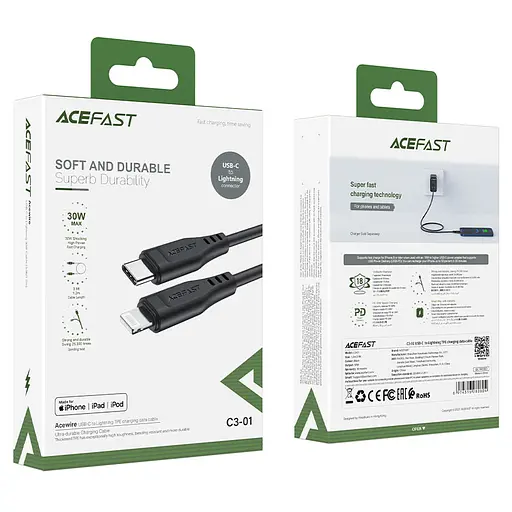 Кабель ACEFAST C3-01 Type-C to iP 3A, 30W, TPE, TPE connectors, Black - фото 2