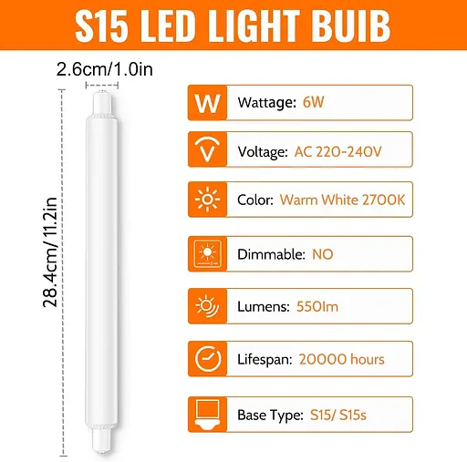 1 упаковка 6 Вт S15s світлодіодних лампочок 284 мм, теплий білий 2700 До світлодіодна трубчаста лампочка S15 60 Вт S15 змінна ламп - фото 2