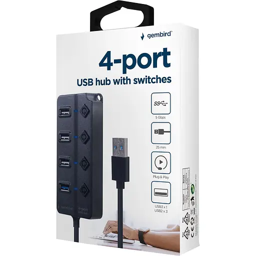 USB-Хаб Gembird 4 порти UHB-U3P1U2P3P-01, пластик, чорний (UHB-U3P1U2P3P-01) - фото 5