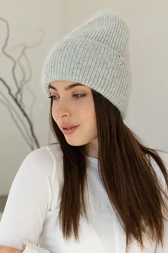 Теплая женская шапка Ангора Сердечко с флисовой подкладкой Серый - фото 2