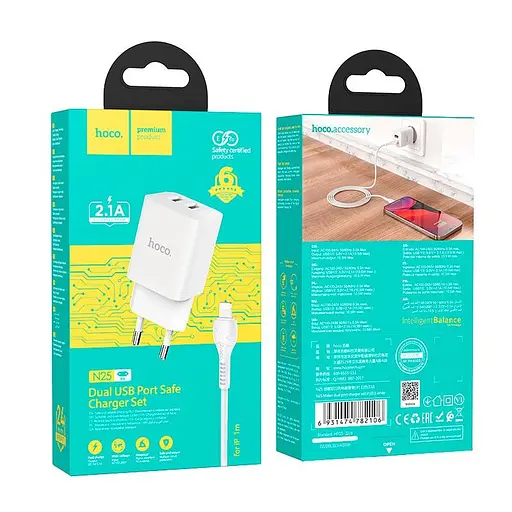 Набір блок і кабель Hoco N25 Maker + Lightning Cable dual port 2USB 2.1A білий - фото 8