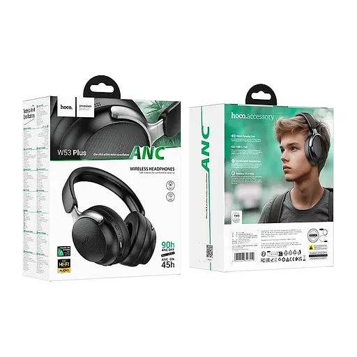 Накладні навушники Hoco Tone W53 Plus, ANC, BT headphones, BT5.4, 800mAh, 90h, Type-C, AUX, black - фото 3