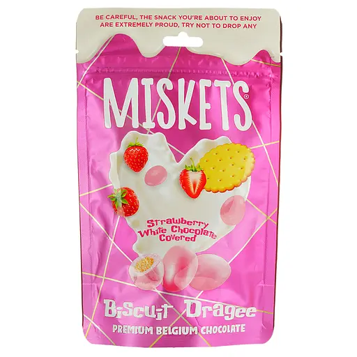 Драже Miskets з печивом в білому шоколаді з полуничним смаком 80 г