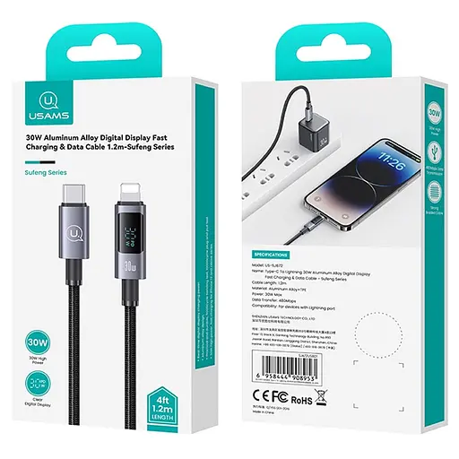 Дата кабель USAMS US-SJ672 Digital Display Sufeng Ser. Type-C to Lightning 30W (1.2m) Tarnish - фото 3