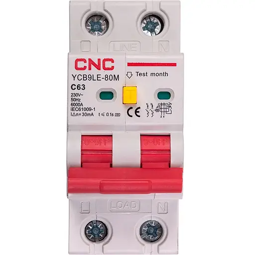 Дифференциальный автоматический выключатель CNC YCB9LE-80M 2P C63 6000A 30mA 230V