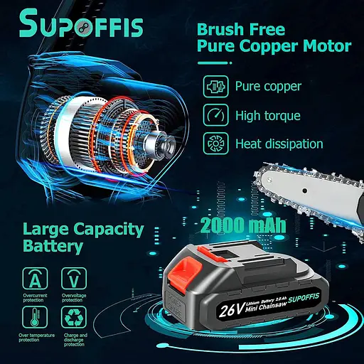 Міні ланцюгова пилка 6 дюймів 4 дюйми, акумулятор 2 x 2000 мАг, безщіткова міні-бензопила 26 В ручна одноручна - фото 2