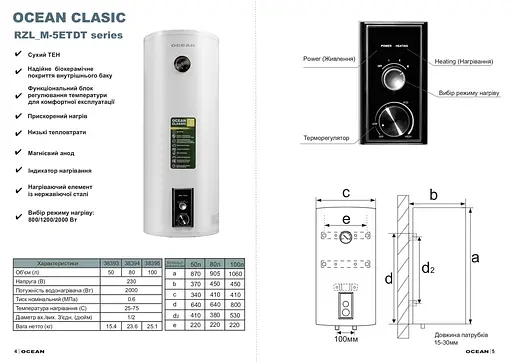 Водонагреватель OCEAN RZL50M-5 ETDT CLASSIC (сухой тен) 50л - фото 7