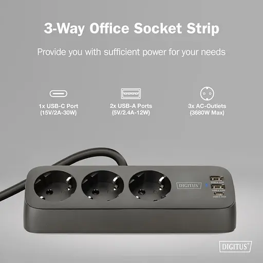 Блок розеток Digitus Office, 3xSchuko, 2xUSB-A, 1xUSB-C, 16A, 1.5 м, вилка Schuko, чорний - фото 5