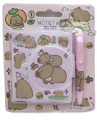 Блокнот на кнопке ПВХ с ручкой-брелоком Капибара, 8x7 см, 65 листов (в ассортименте)