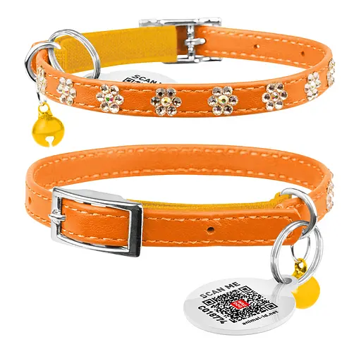 Ошейник Waudog Glamour с резинкой клеевыми стразами "Цветок" для кошек (ширина 9мм длина 22-30см) оранжевый