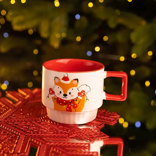 Новорічна порцелянова чашка для чаю та кави з Новорічним лисом 400 мл Білий з червоним Yiwu FM-CS-50L - фото 2