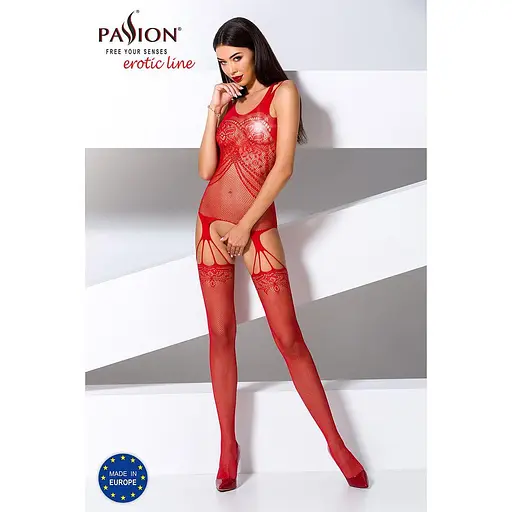 Бодистокинг Passion BS070 комбинезон имитация чулок и ажурного топа S/M/L red - фото 2