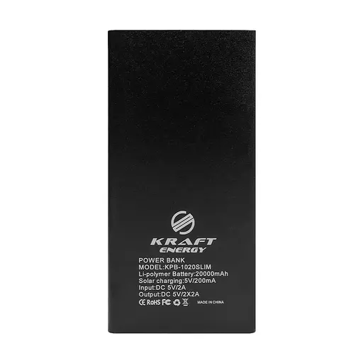 Повербанк з сонячною панеллю 20000mAh Power Bank Kraft KPB-1020SLIM Black LED-ліхтар (43-00063) - фото 3