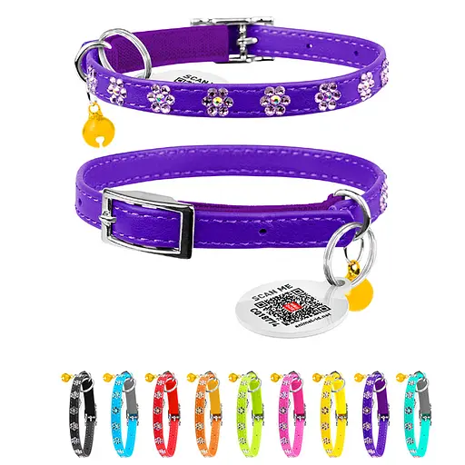 Ошейник Waudog Glamour с резинкой клеевыми стразами "Цветок" для кошек (ширина 9мм длина 22-30см) фиолетовый - фото 2