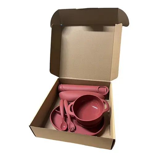 Набір дитячого силіконового посуду для прикорму 6 предметів бордовий, харчовий силікон, BPA Free - фото 1