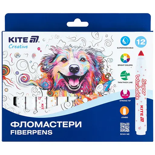 Фломастери Kite Creative Superwashable Jumbo 12 кольорів (K-1155)