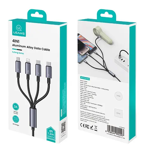 Кабель Usams SJ739 4 in 1 15W Aluminum Alloy Data CableSufeng Series 1,2 м USB to 2C+1L+1 м Серый - фото 2