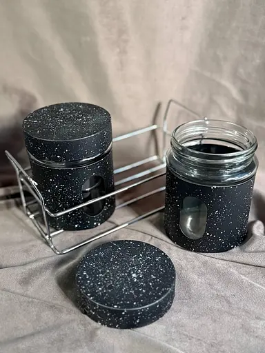 Набор емкостей для приправ A-Plus 2шт с подставкой баночки из стекла 80 мл подставка металл Черный мрамор - фото 6