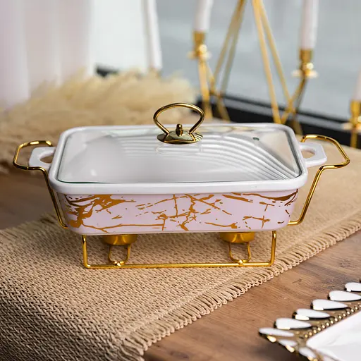 Мармітниця порцелянова Yiwu прямокутна на металевій підставці 35.5х19х15.5 см марміт настільний для перших страв LT-3PCS-13 - фото 2