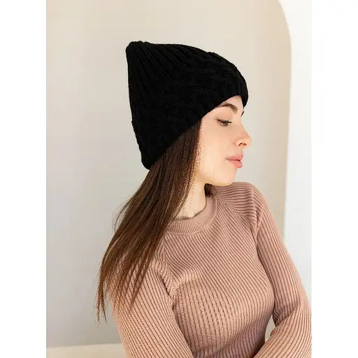 Женская зимняя шапка Виктория из шерсти 20% с узором и флисовой подкладкой Черный - фото 1