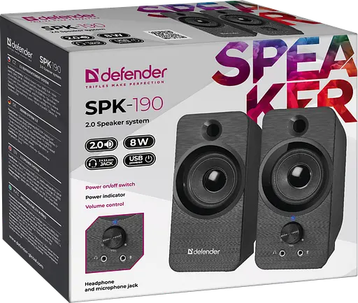 Колонки Defender SPK - 190 Black 8 Вт 3.5 мм 2.0 живлення від USB, регулятор гучності, роз'єм для навушників та мікрофона (65190) - фото 3