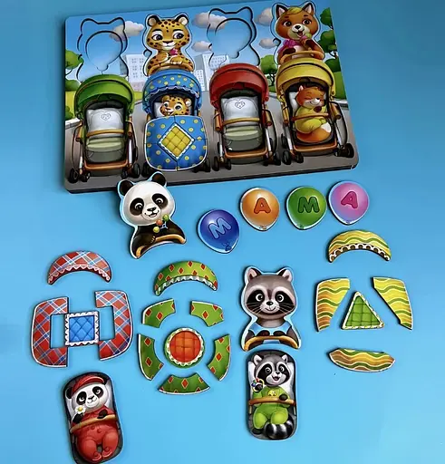 Дерев'яна вкладка-сортер Звірі у візках Ubee ПСД176