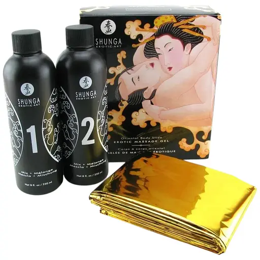 Гель для масажу Nuru Shunga Oriental Body-to-Body Melon Mango плюс простирадло, 450 мл (2 x 225 мл)